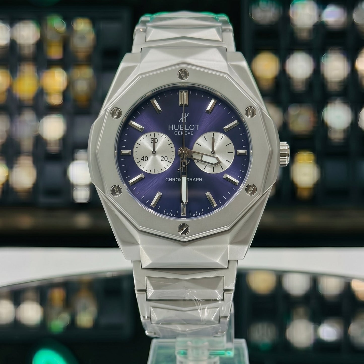 Hublot Diamond Cut Chronograph – Blue Dial / Silver Chain