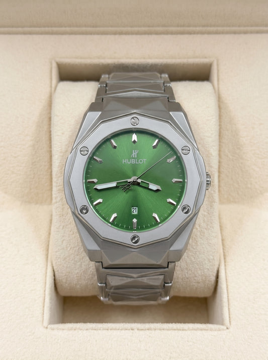 Hublot Diamond Cut– Green Dial / Silver Chain