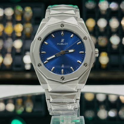 Hublot  Diamond Cut– Blue Dial / Silver Chain