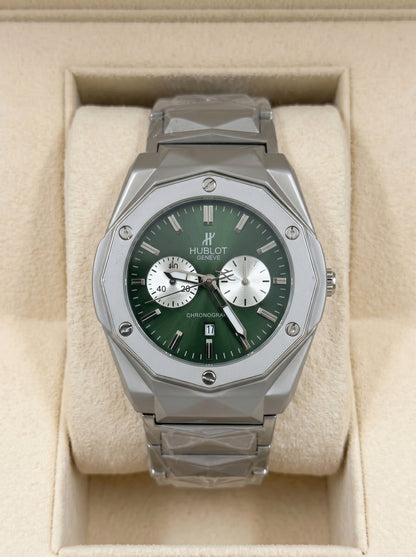 Hublot Diamond Cut Chronograph – Green Dial / Silver Chain
