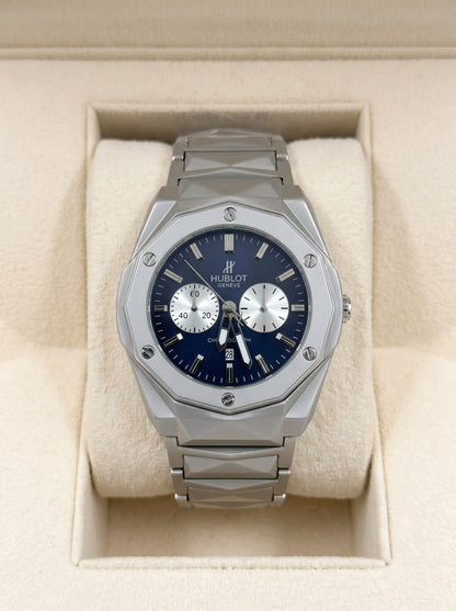 Hublot Diamond Cut Chronograph – Blue Dial / Silver Chain