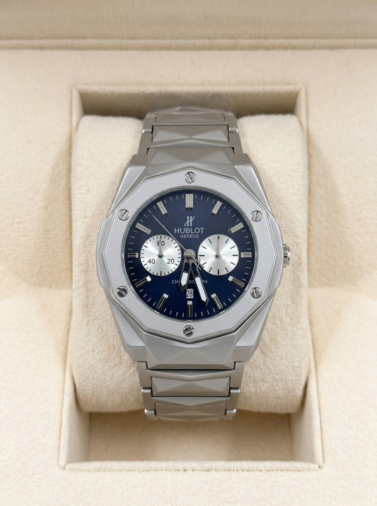 Hublot Diamond Cut Chronograph – Blue Dial / Silver Chain