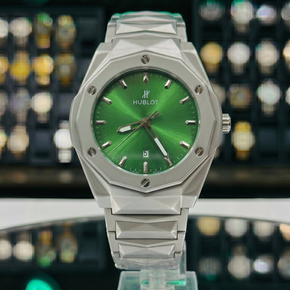 Hublot Diamond Cut– Green Dial / Silver Chain
