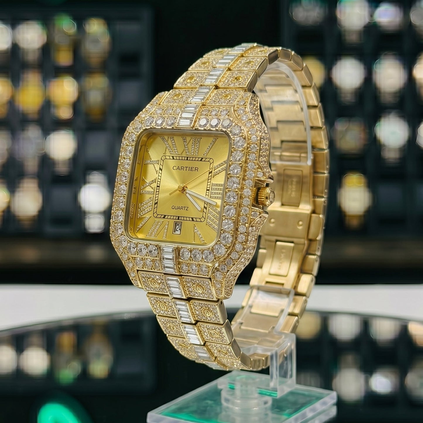Cartear Iced Stone Diamond - Gold Dial - Gold Chain