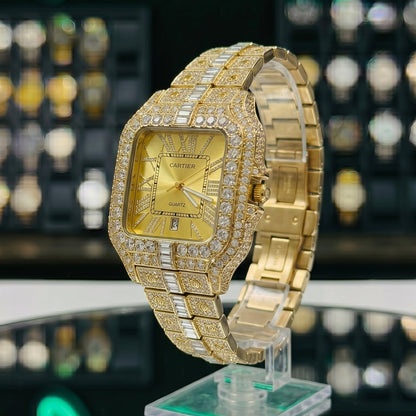 Cartear Iced Stone Diamond - Gold Dial - Gold Chain