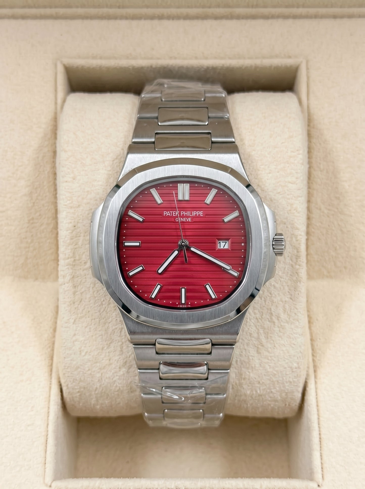 Patek Philippe – Red Dial / Silver Steel Chain
