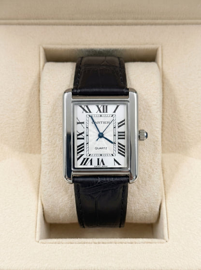 Cartear Tank – Black Leather Strap & White Dial