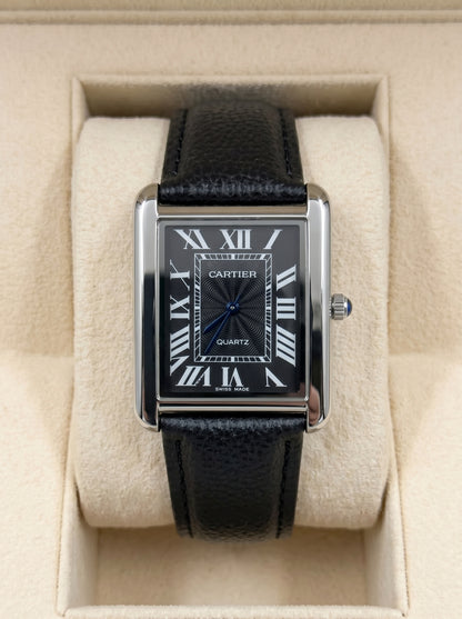 Cartear Tank – Black Leather Strap & Black Dial