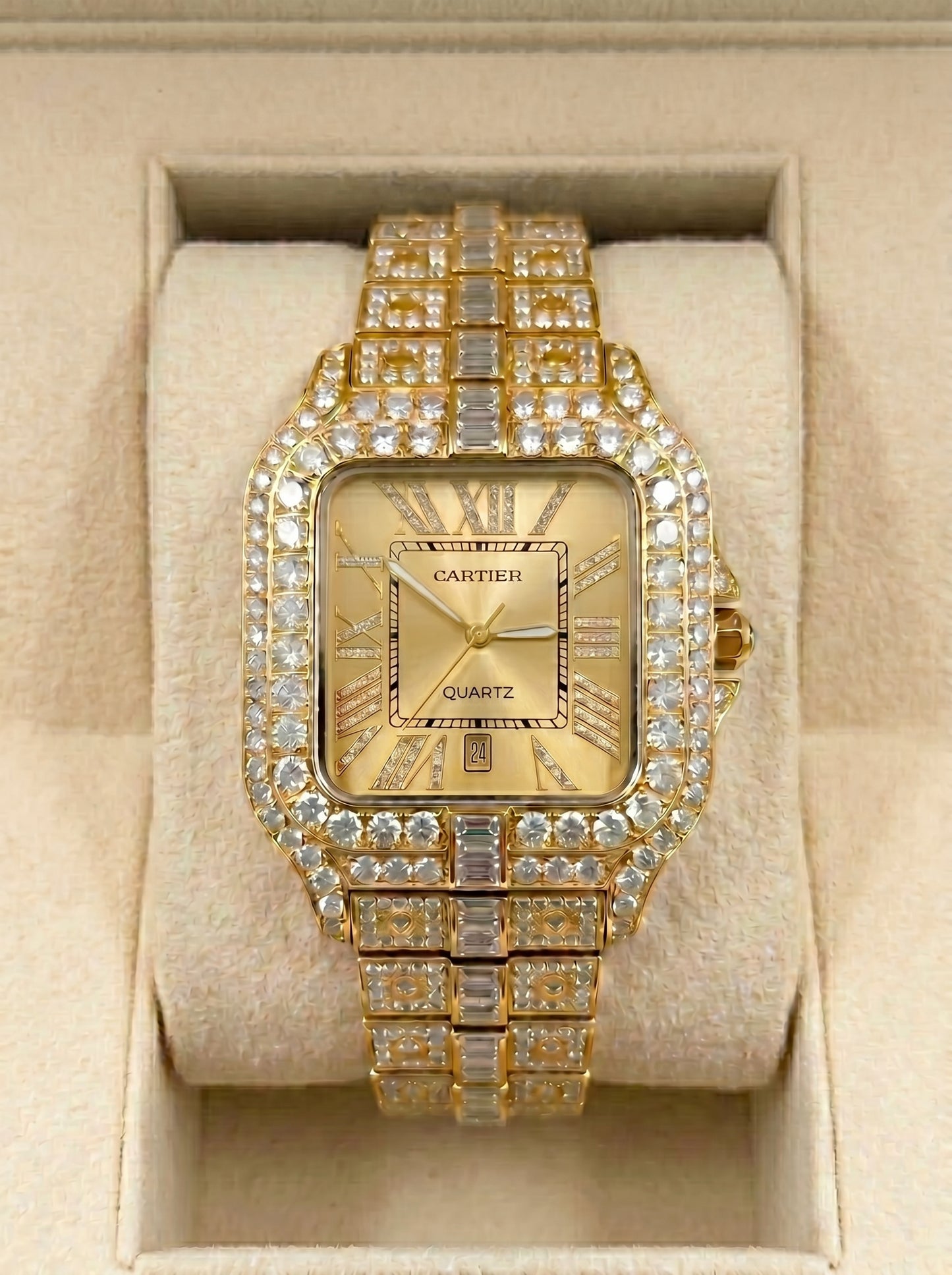 Cartear Iced Stone Diamond - Gold Dial - Gold Chain