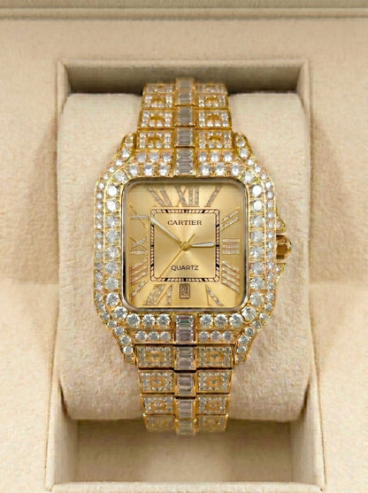 Cartear Iced Stone Diamond - Gold Dial - Gold Chain