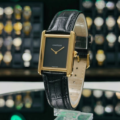 Cartear Tank – Black Leather Strap- Black Dial - Gold Case