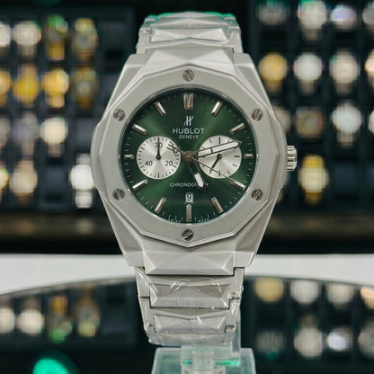 Hublot Diamond Cut Chronograph – Green Dial / Silver Chain