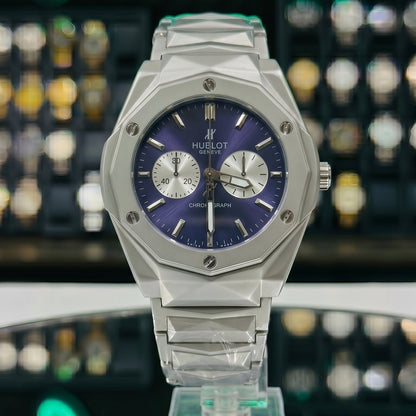 Hublot Diamond Cut Chronograph – Blue Dial / Silver Chain