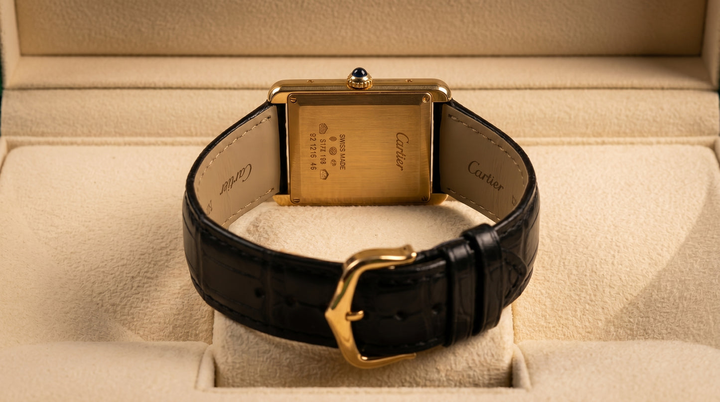 Cartear Tank – Black Leather Strap- Black Dial - Gold Case