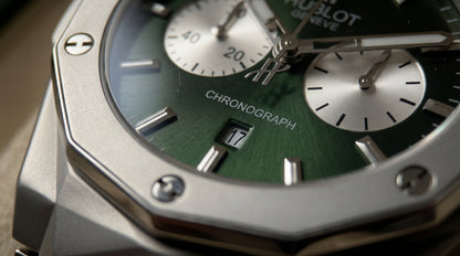 Hublot Diamond Cut Chronograph – Green Dial / Silver Chain