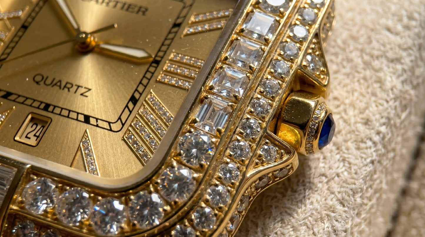 Cartear Iced Stone Diamond - Gold Dial - Gold Chain