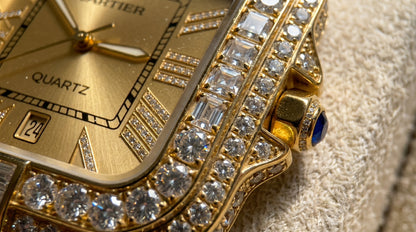 Cartear Iced Stone Diamond - Gold Dial - Gold Chain