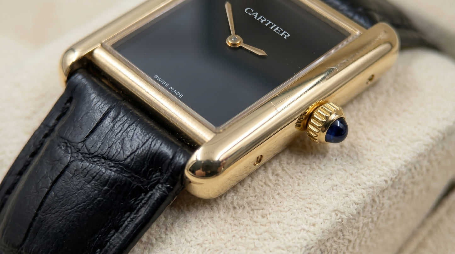 Cartear Tank – Black Leather Strap- Black Dial - Gold Case