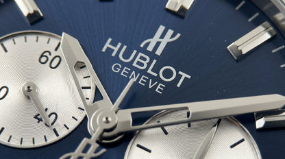 Hublot Diamond Cut Chronograph – Blue Dial / Silver Chain