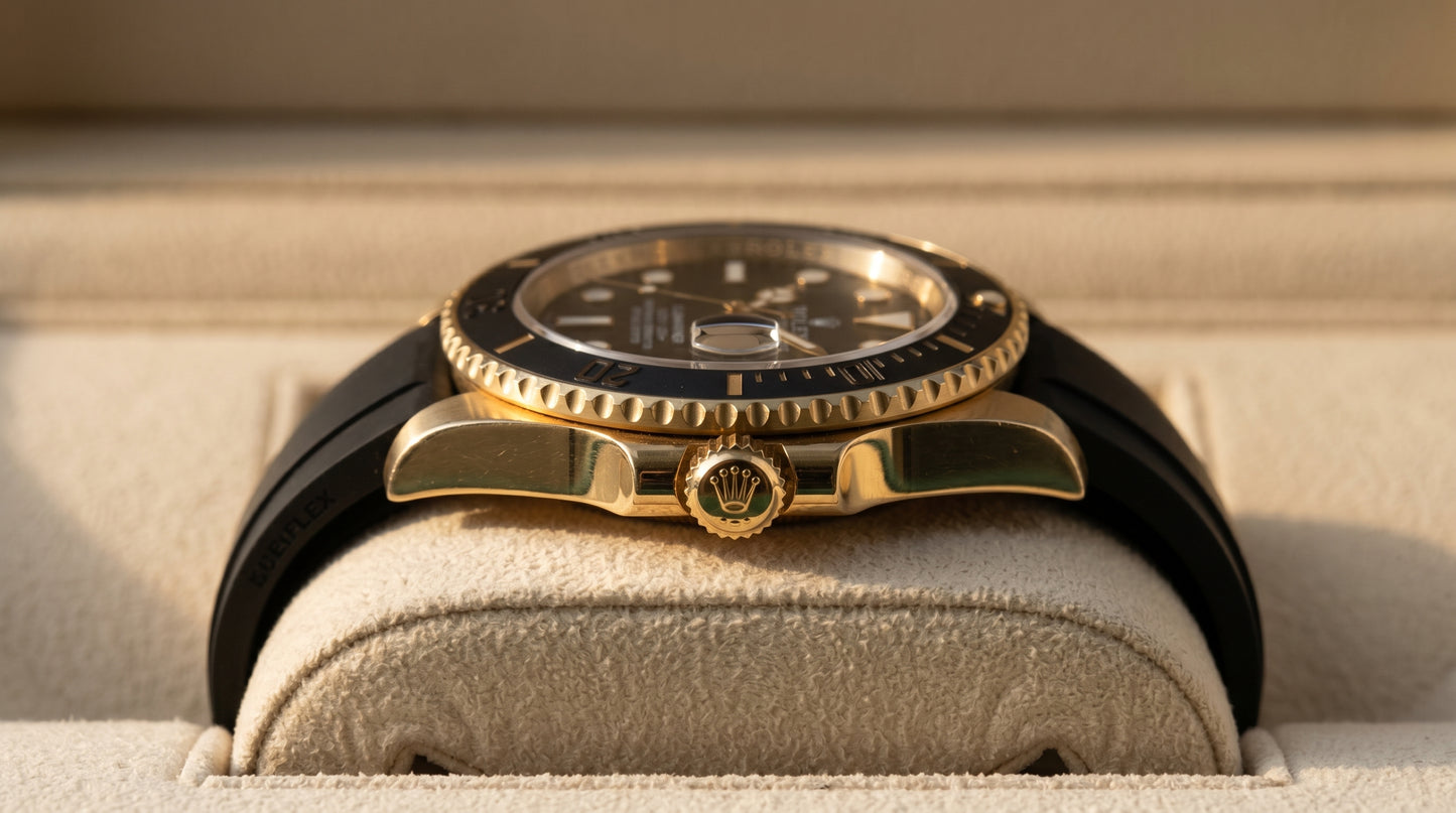 Rollie Submariner – Black Dial - Gold Case & Black Rubber Strap