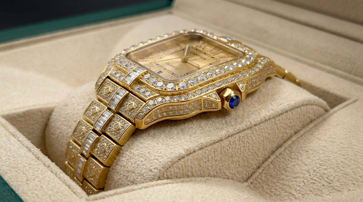 Cartear Iced Stone Diamond - Gold Dial - Gold Chain