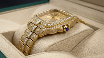 Cartear Iced Stone Diamond - Gold Dial - Gold Chain