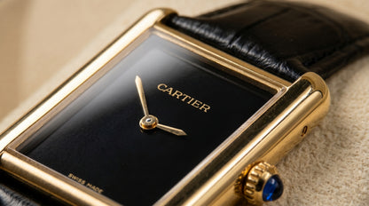 Cartear Tank – Black Leather Strap- Black Dial - Gold Case