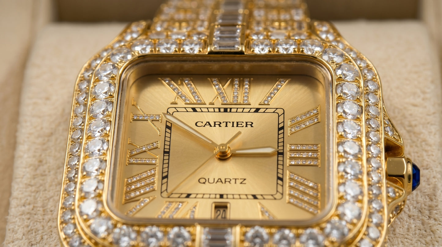 Cartear Iced Stone Diamond - Gold Dial - Gold Chain