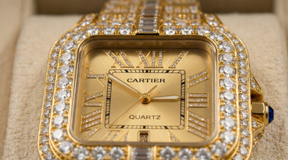 Cartear Iced Stone Diamond - Gold Dial - Gold Chain