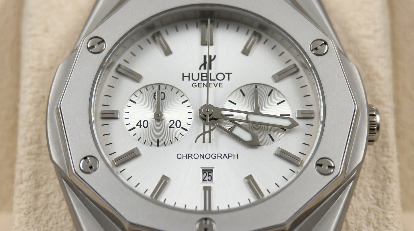 Hublot Diamond Cut Chronograph – White Dial / Silver Chain