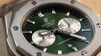 Hublot Diamond Cut Chronograph – Green Dial / Silver Chain