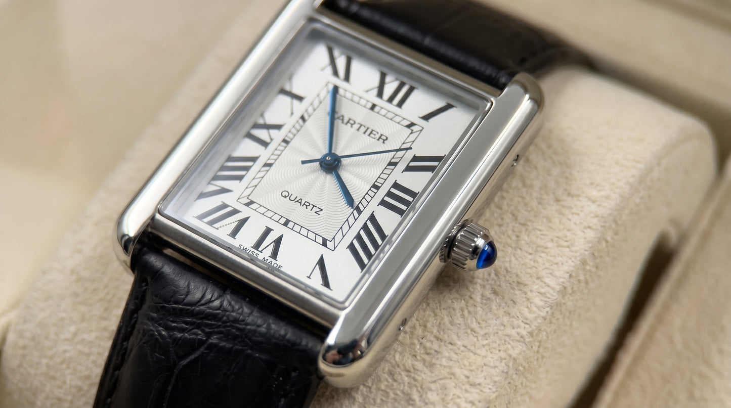 Cartear Tank – Black Leather Strap & White Dial