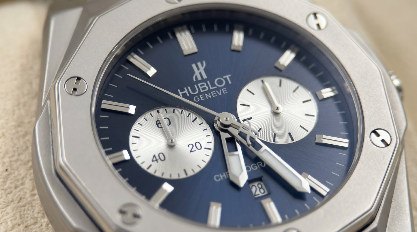 Hublot Diamond Cut Chronograph – Blue Dial / Silver Chain